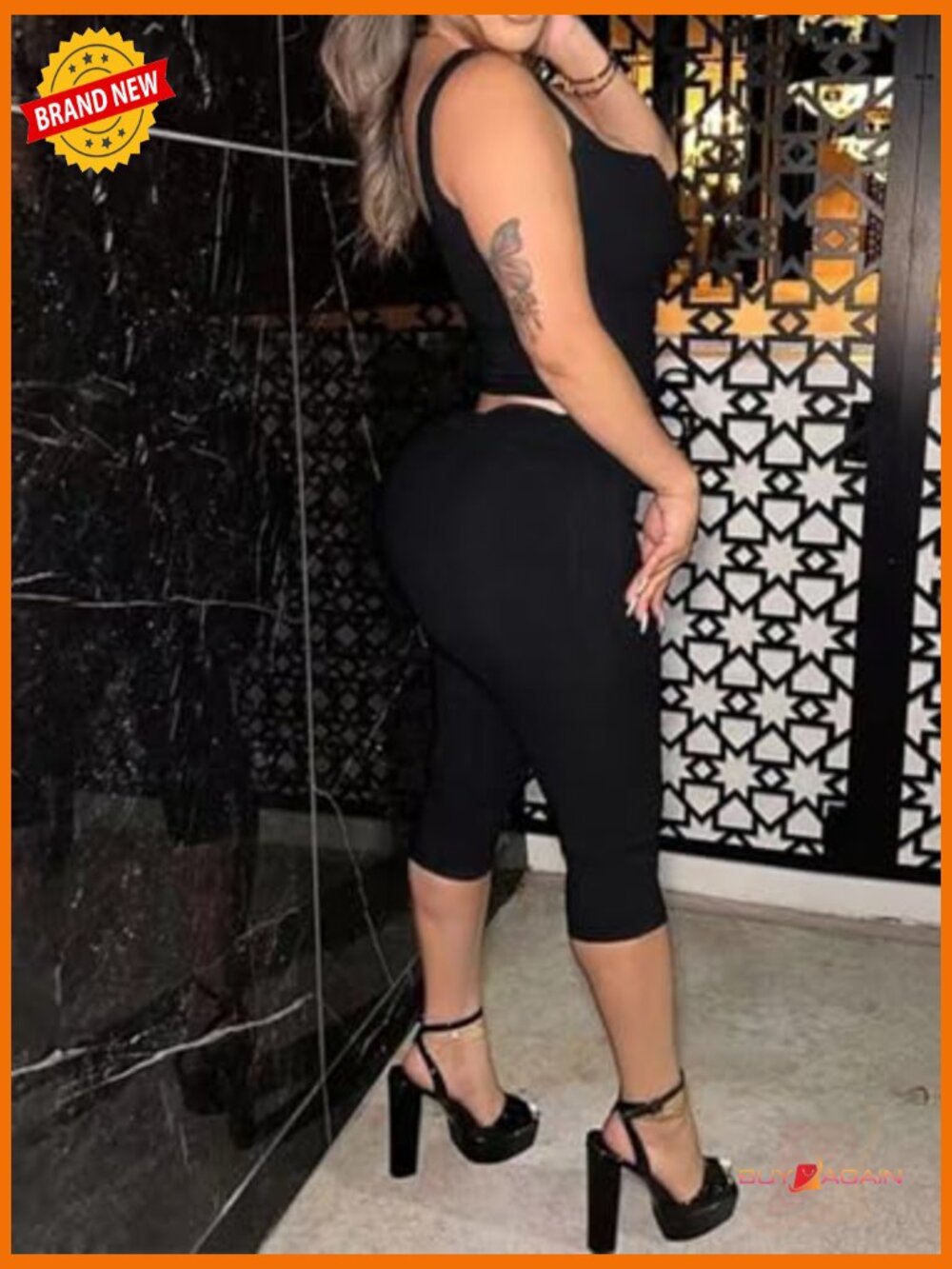 Women's Ribbed Knit 2 Piece Set - Tank Top & Capri Leggings Bodycon Jumpsuit - Picture 5 of 5